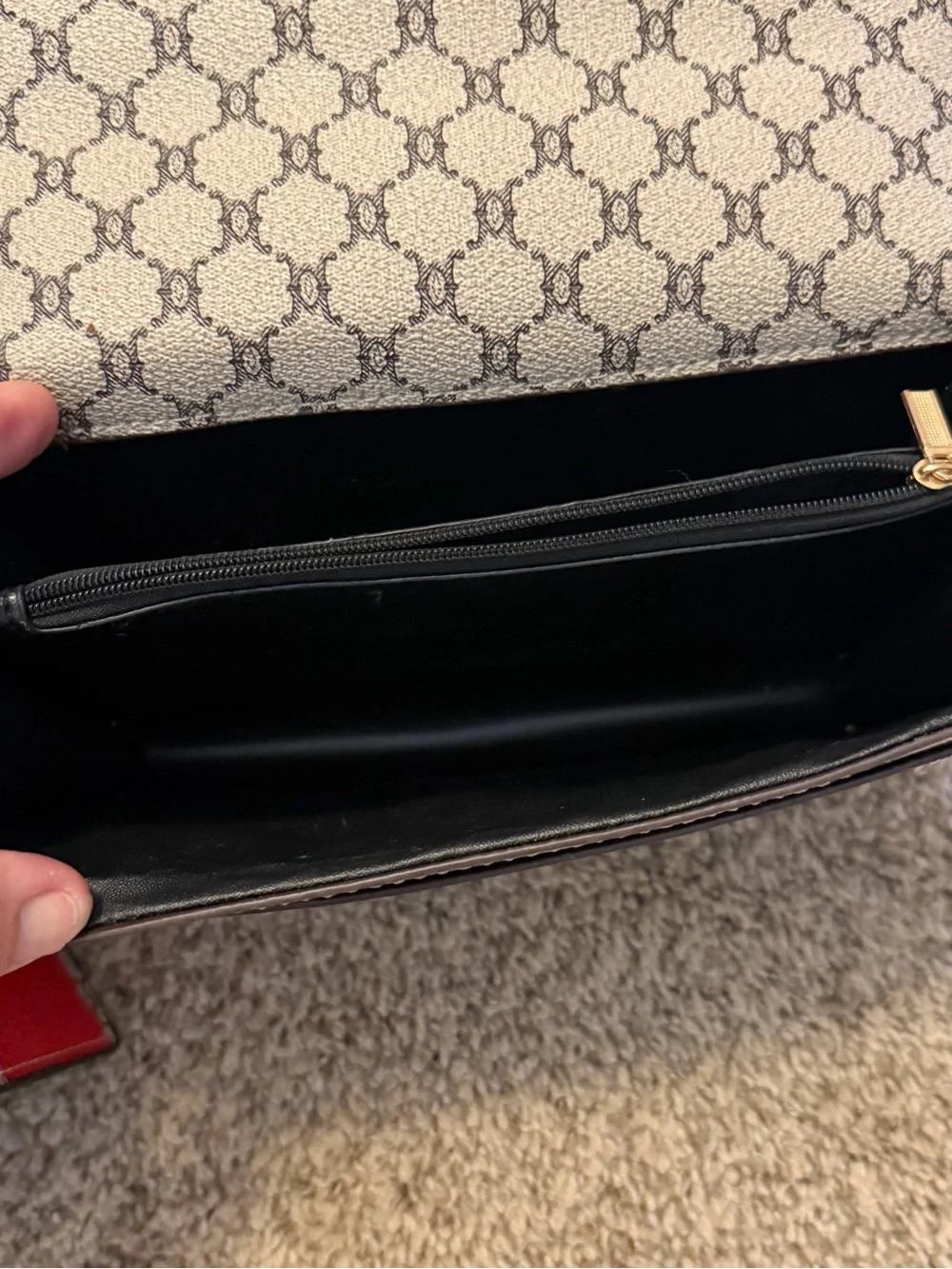 Beige Brown Monogram Shoulder Bag with Gold Buckle with a matching wallet.